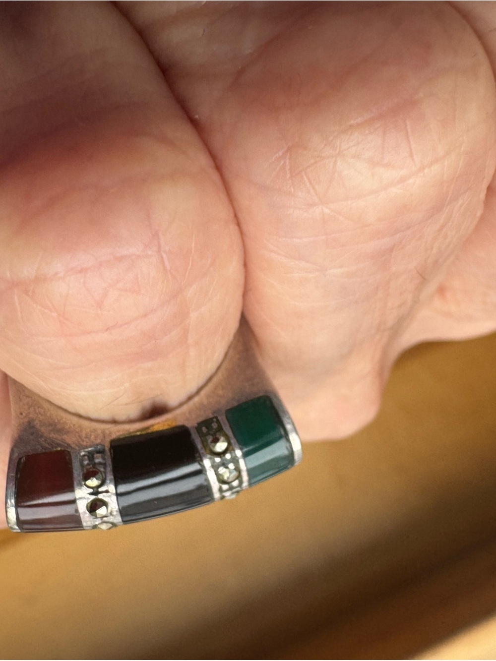 Women’s Silver Ring with Dark Green burgundy and Black Inlays